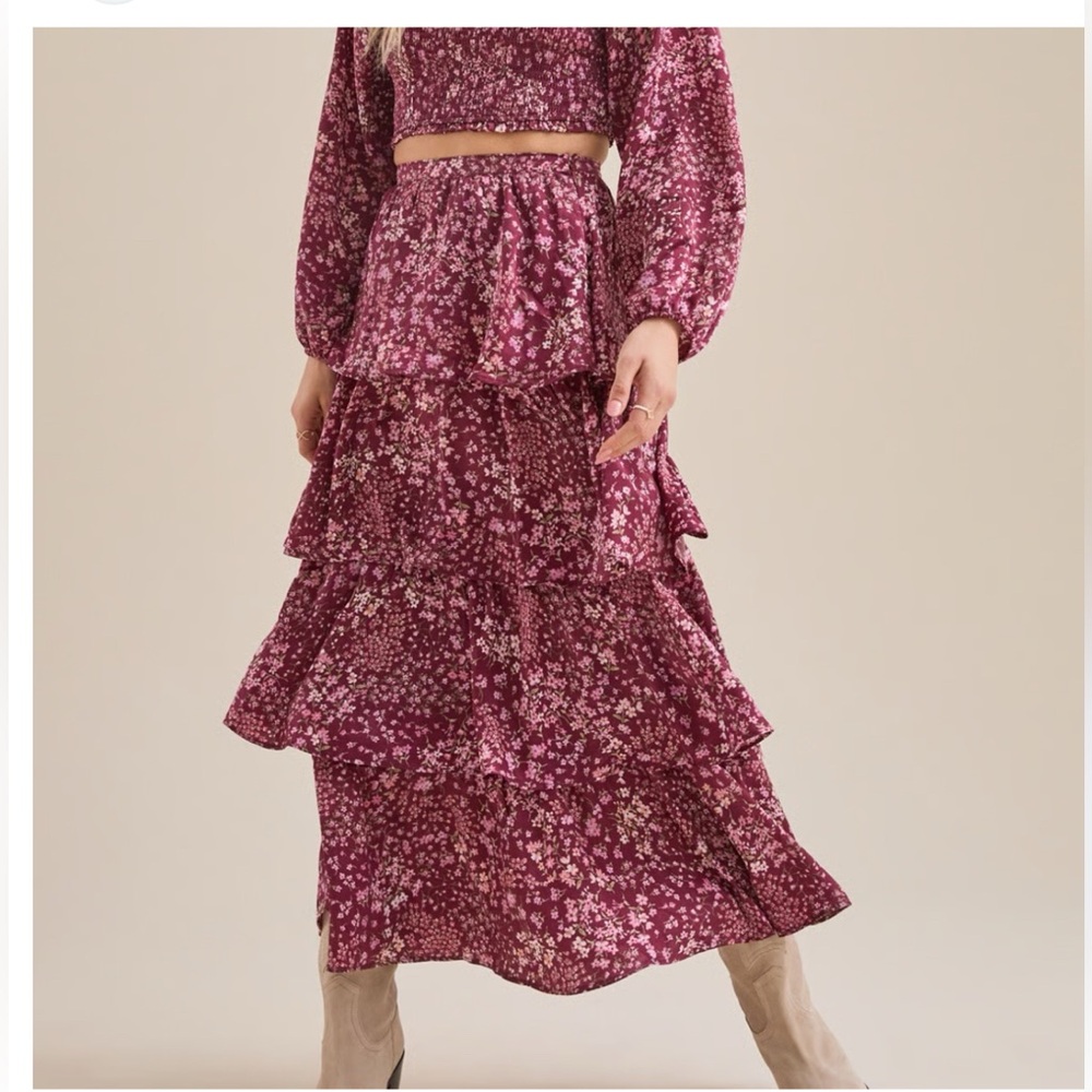 NWT small Altar'd State Vaella Burgundy Floral Maxi Skirt